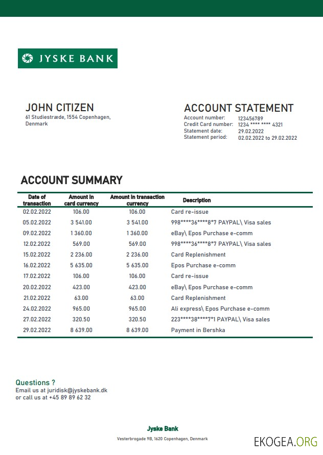 Danemark Relevé bancaire Jyske
